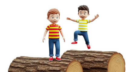 Two cartoon boys in striped shirts on logs