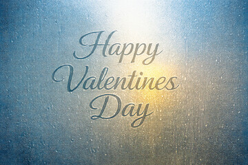 Fototapeta premium frosted blue glass Valentine’s Day background with soft light gradients and elegant typography, romantic winter mood ideal for greeting cards, social media banners, email marketing headers
