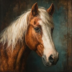 Obraz premium Beautiful brown horse with a white mane portrait in a rustic barn setting