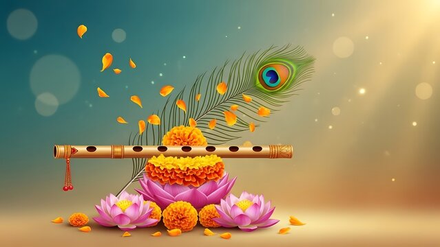 Khrisna Flute with Peacock Feather in Majestic Background