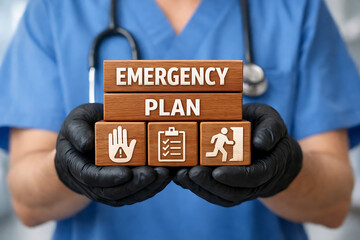 Emergency plan and procedure of evacuation for healthcare buildings. Emergency preparedness planning training medicine concept