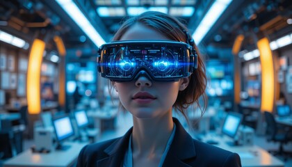 Businesswoman wearing futuristic virtual reality headset in modern office