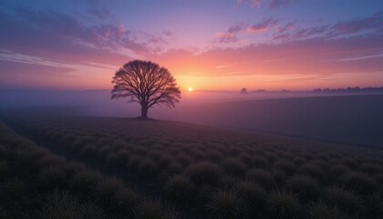 Naklejka premium Serene landscape with lone tree at sunset on rolling hills