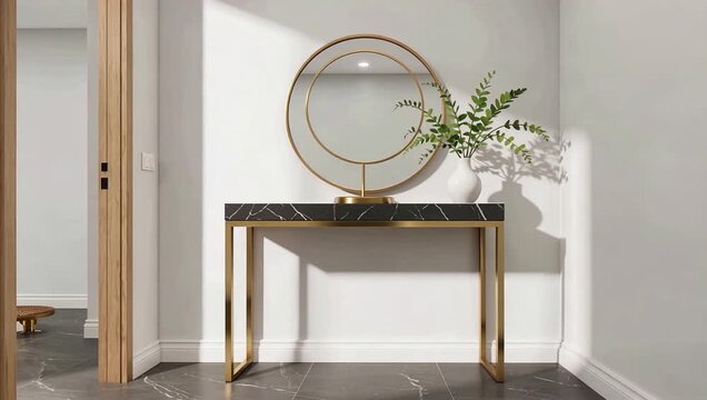 Minimalist hallway console table with round mirror and plant.