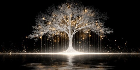 Illuminated Tree of Life in Ethereal Landscape with Sparkling Lights and Reflections