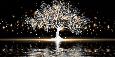 Enchanting White Tree of Life with Sparkling Golden Lights Over Calm Water Reflection