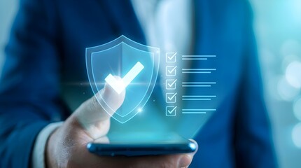 Businessman using a smartphone with a glowing shield and checklist interface, representing security approval, digital verification, and data protection management