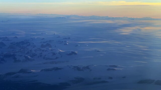 Greenland Polar Ice Caps Fjord North Pole passenger window seat Denmark Canada Iceland Europe aerial view Autumn morning sunset sunrise Dreamliner Boeing 787 airplane great circle navigation