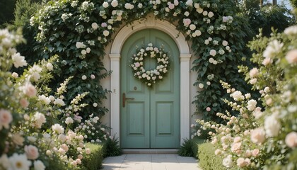 Fototapeta premium “Garden-themed bridal door surrounded by greenery, soft pastel flowers, daylight photography.” 