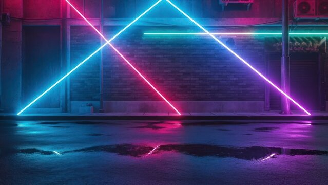 Neon lasers cross a wet street in a cyberpunk alley at night, reflecting