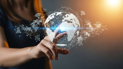 Woman's hand interacting with a glowing digital globe, connected by networks