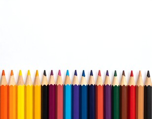A row of colorful pencils with sharp tips on a white background