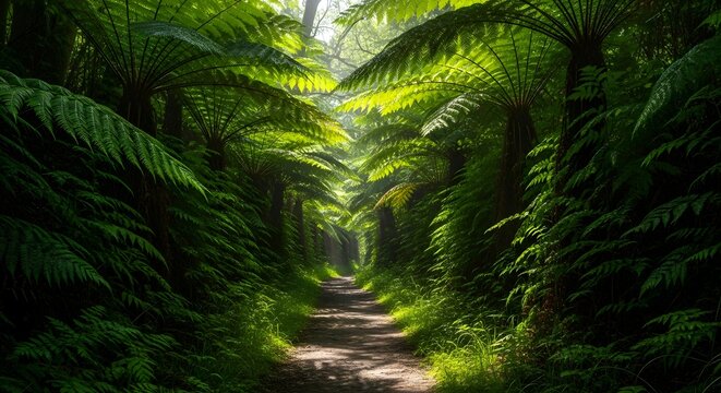 Serene pathway through lush green forest with vibrant ferns and dense foliage from a ground-level viewpoint