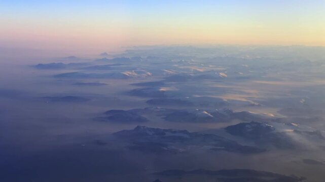 Polar Ice Caps Fjord North Pole passenger window seat Greenland Denmark Canada Iceland Europe aerial view Autumn morning sunset sunrise Dreamliner Boeing 787 airplane great circle navigation