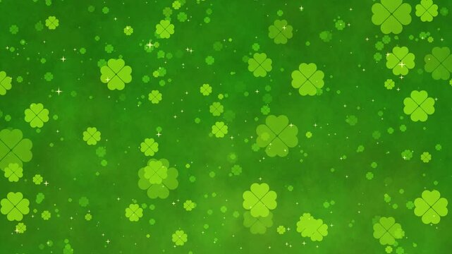 Four-leaf clovers drifting across a festive green background, St. Patrick's Day or representing luck and good fortune, loopable animation