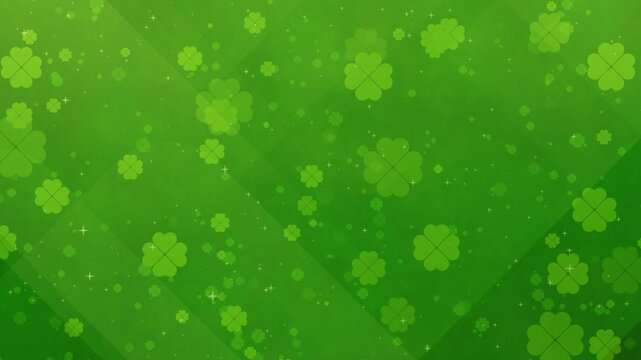 Green shamrocks floating on a gradient background, loopable St. Patrick's Day festive celebration with light rays and particle effects
