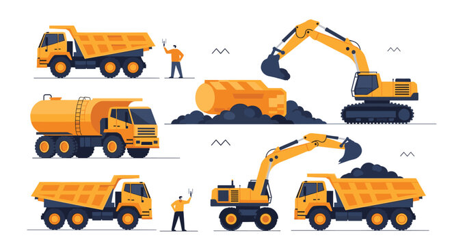 Set of heavy construction and mining machinery, including dump trucks, excavators, and a tanker truck, for quarry and site work.