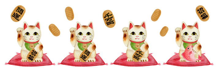Obraz premium Set of lucky cats maneki-neko watercolor illustrations for good luck and prosperity-300dpi- 