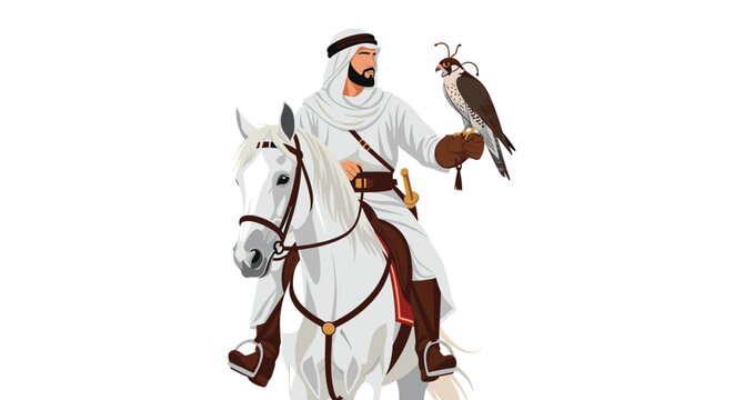 Arab man in traditional white robes riding a graceful white horse while holding a peregrine falcon for a falconry display.