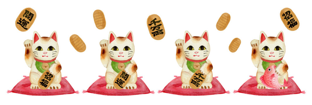 Set of lucky cats maneki-neko watercolor illustrations for good luck and prosperity-300dpi-	