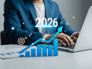 Hand pointing to a financial growth chart with upward trend and 2026 target icon. Concept for business analytics, financial forecast, investment growth, and strategic planning.