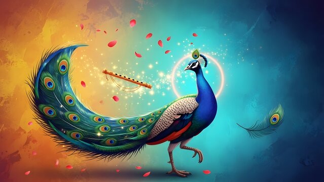  Peacock Feather and Flute with Colorfull Background, made by Ai