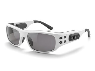Augmented reality smart glasses on a white background, technological wearable with integrated camera and ergonomic design, mockup for a virtual reality glasses campaign