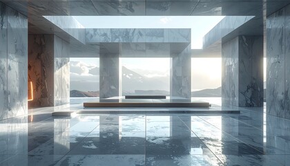 Modern marble interior with mountain view, reflections, and open structure