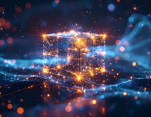 A glowing data cube floats amid streams of light and bokeh