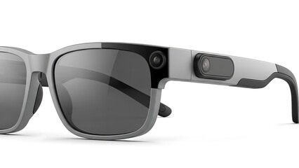 Image for advertising technological glasses, mockup for an augmented reality app, minimalist product photography, close-up of smart glasses with camera and display