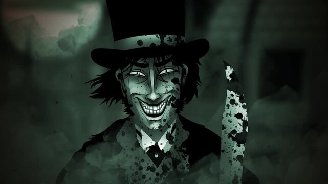 jack the ripper with knife in foggy street vintage retro style