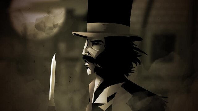 jack the ripper with knife in foggy street vintage retro style