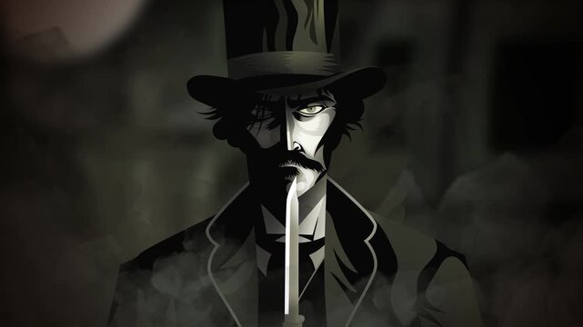 jack the ripper with knife in foggy street vintage retro style