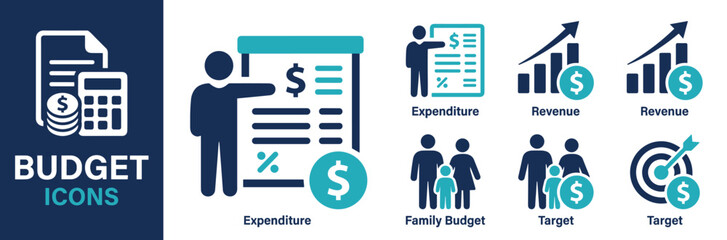 Set of 8 budget icons vector, financial symbols