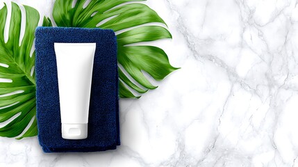 White Cleanser Tube on Blue and Black Towels with Green Leaves