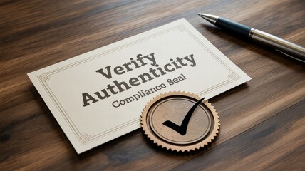 Official Verify Authenticity Compliance Seal document and checkmark on a rich dark wooden desk