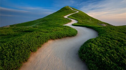 Winding Trail Through a Green Meadow Towards Mountains