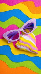 Yellow Orange Round Sunglasses Flatlay on Pink Blue Background
