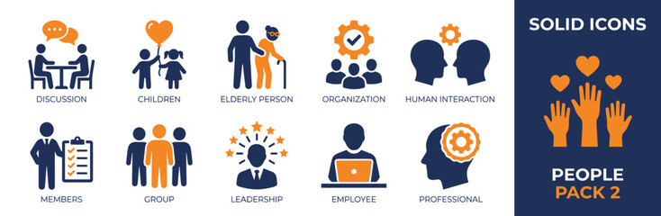 Set of 20 solid icons illustrating people concepts