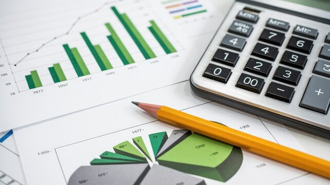 Professional financial charts graphs calculator and pencil on a bright white desk for business analy - Powered by Adobe