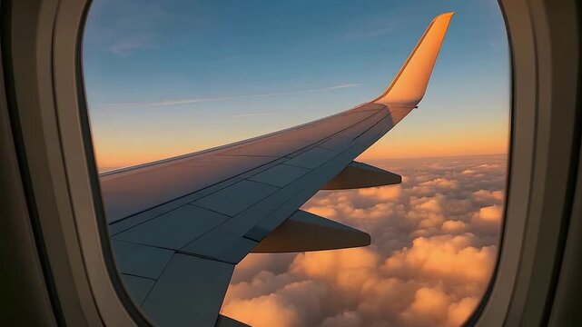 Airplane Wing with Red Tip Flying Above Clouds During Scenic Sunset Horizon, Warm Sunlight Glow on Aircraft Wing from Passenger Window, Global Travel, Vacation and Aviation Industry Concept