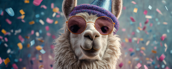 Obraz premium Happy smiling llama wearing a colorful party hat and stylish sunglasses at a celebration event