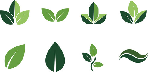 Green leaf logo collection with eco nature symbols, organic plant icons for sustainable branding, environmental design, botanical identity and fresh ecology concepts