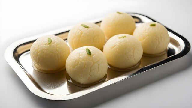 Six creamy rasgullas on a silver tray