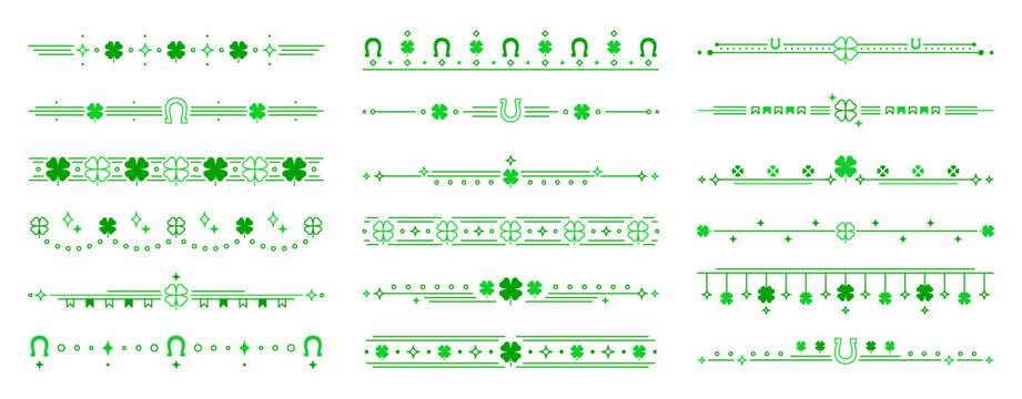 Shamrock clover dividers and border frames of st Patrick day holiday. Vector set of green decorative trims with shamrocks, clovers, swirls, hearts and horseshoes. Festive ornaments, Celtic patterns