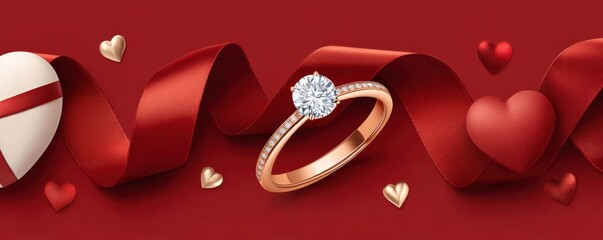 Engagement ring on red background with flowing ribbon, a romantic and luxurious presentation