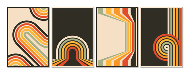 Vintage retro stripe line posters, 70s 80s rainbow funky road background. Vector geometric pattern of abstract roads with grunge color line curves and circles. Vintage posters and retro banners set