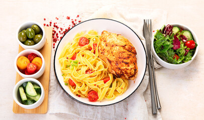 Homemade Chicken Breast with Pasta. Healthy eating.