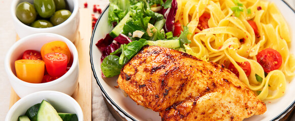 Homemade Chicken Breast with Pasta. Healthy eating.