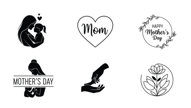 Mother's day illustrations set black and white silhouettes and icons mom and child heart flowers greeting card elements